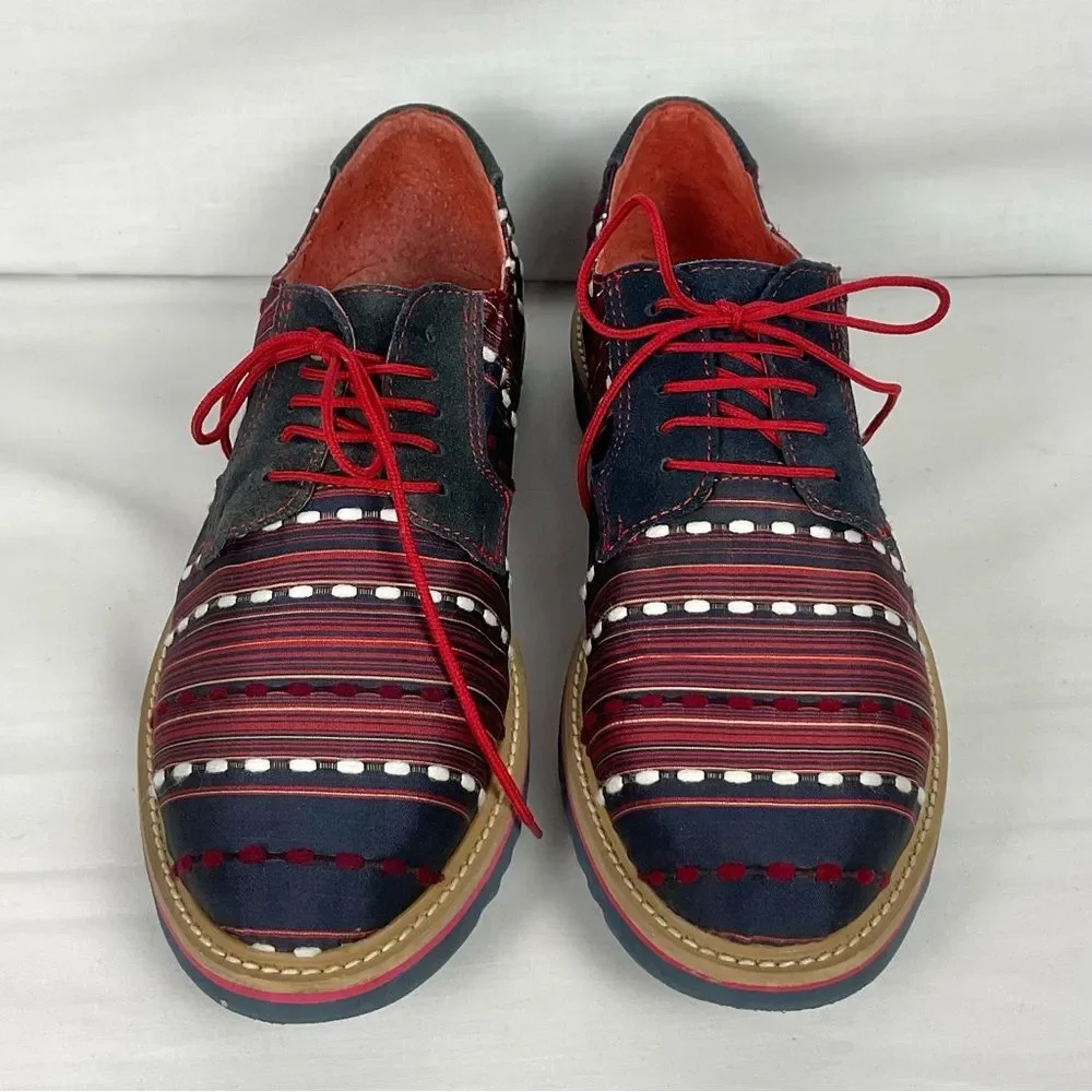 Zull Yakard Textile Oxfords Blue & Red Shoes Mens Size 8.5 Derby Lace-Up
